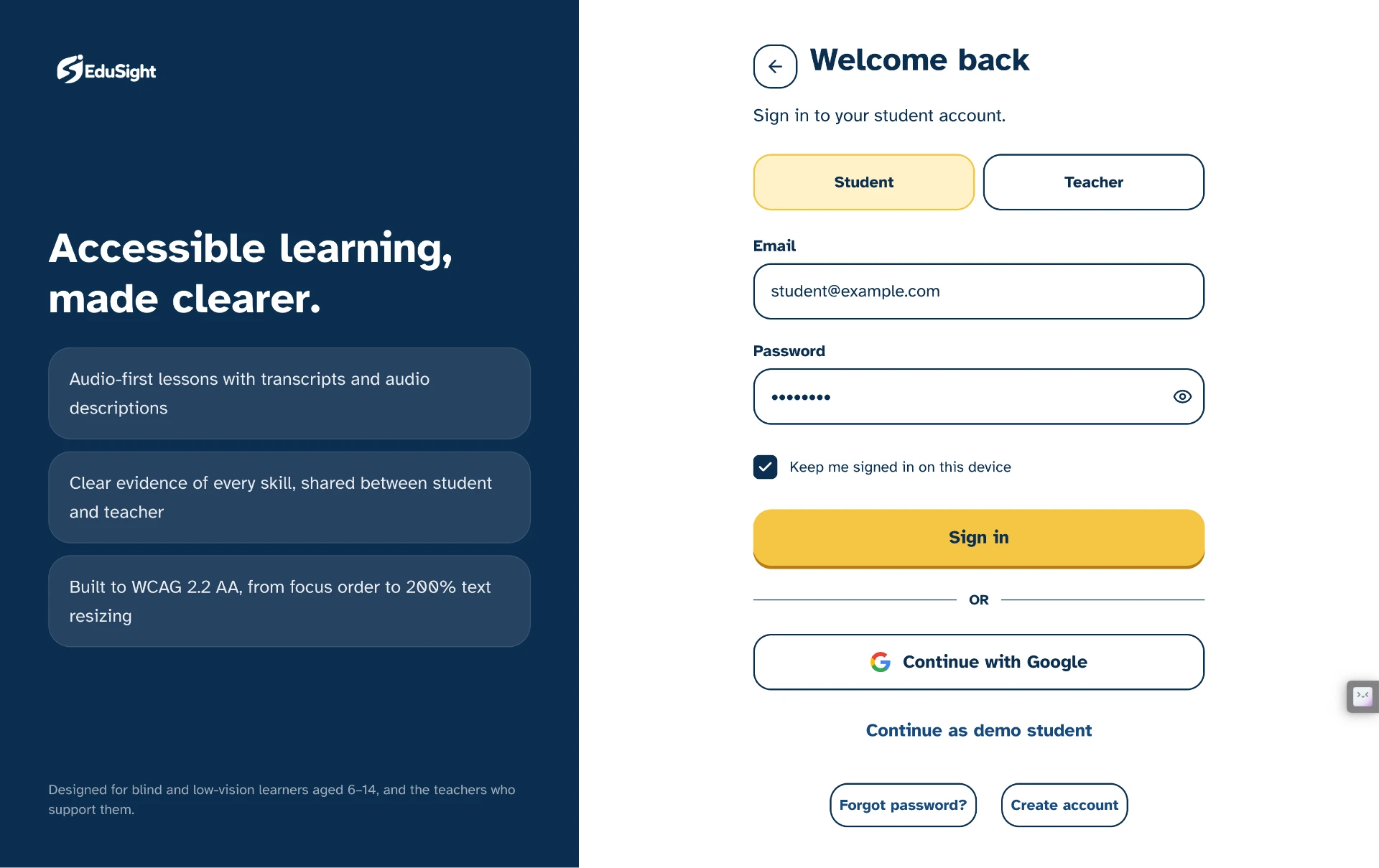 Edusight sign-in screen on desktop, with the accessible-learning positioning on the left and the student and teacher login on the right