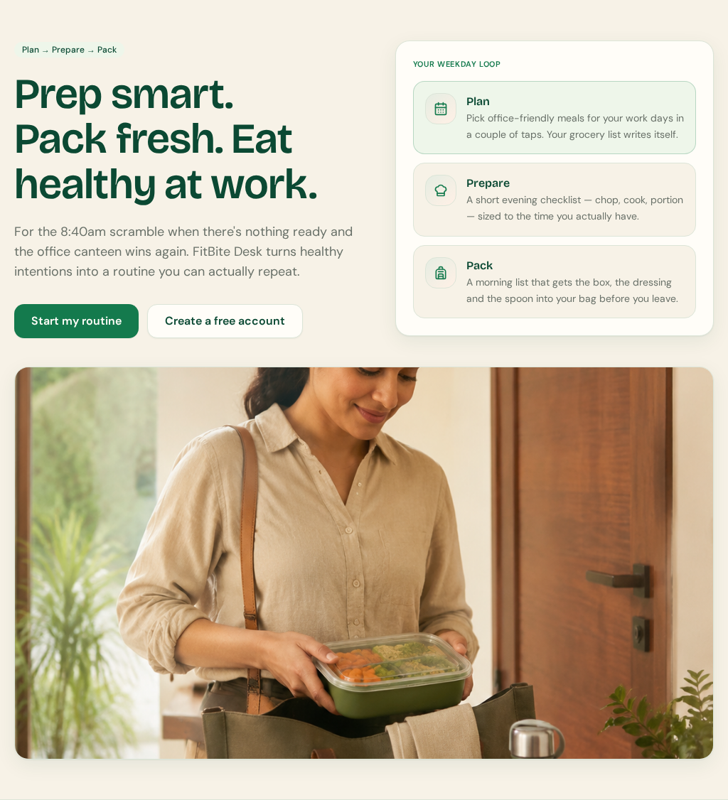 FitBite Desk landing experience with the Plan, Prepare and Pack weekday loop and workplace lunch photograph