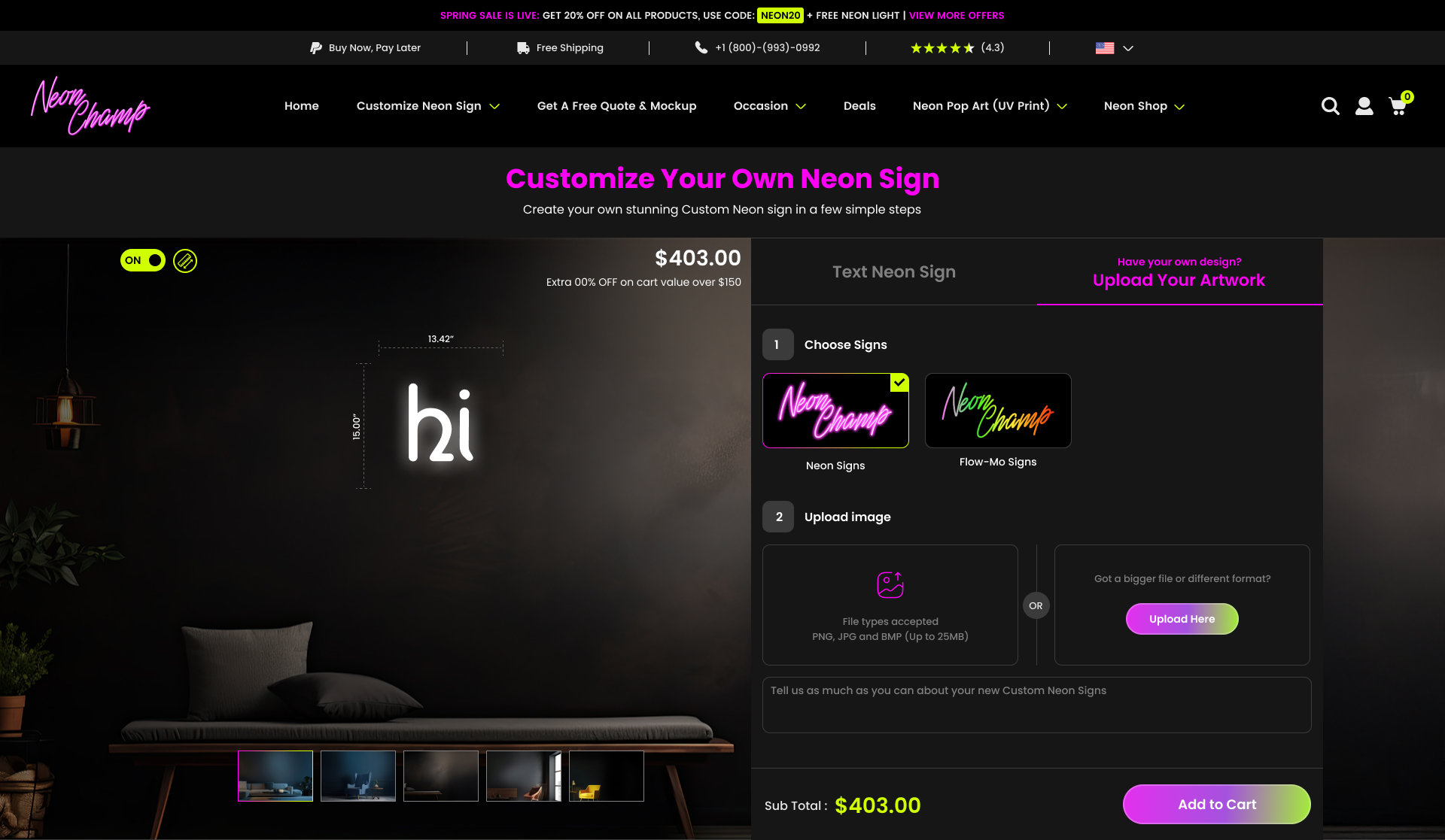 NeonChamp customiser with the Upload Your Artwork tab active, showing sign type choice, image upload area and live price
