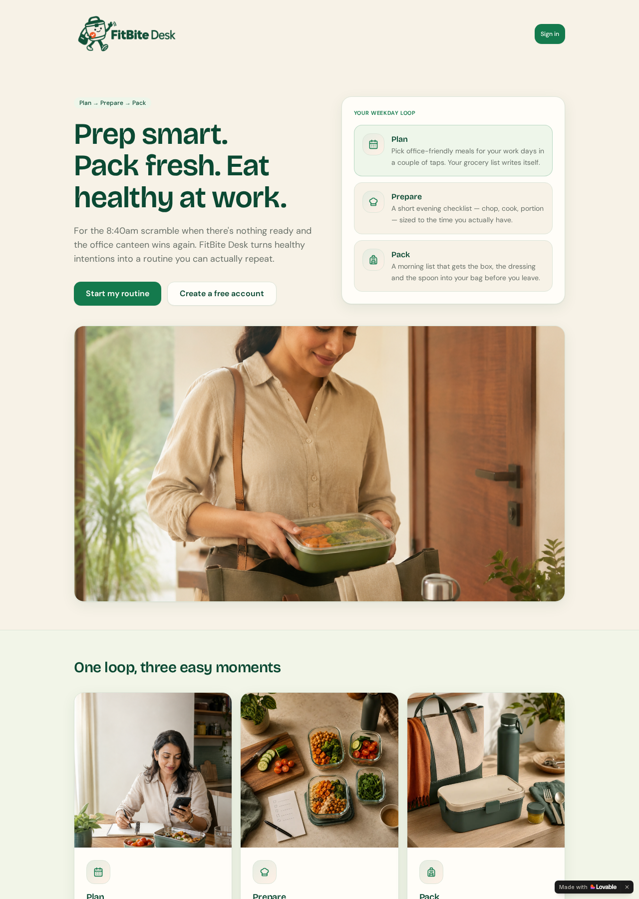 FitBite Desk landing page showing the Plan, Prepare and Pack weekday loop beside the product promise