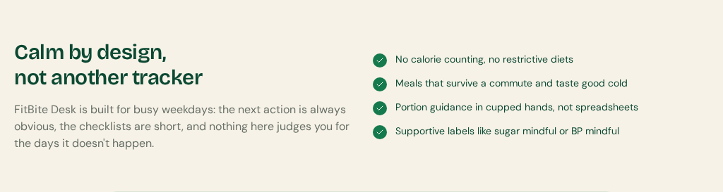 FitBite Desk Calm by design section explaining its supportive approach without calorie counting