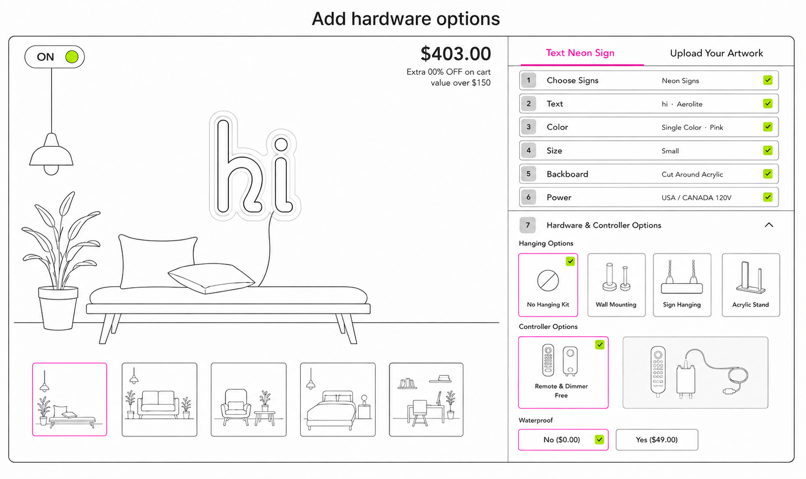 Line-art wireframe of the hardware and controller options step of the neon sign customiser