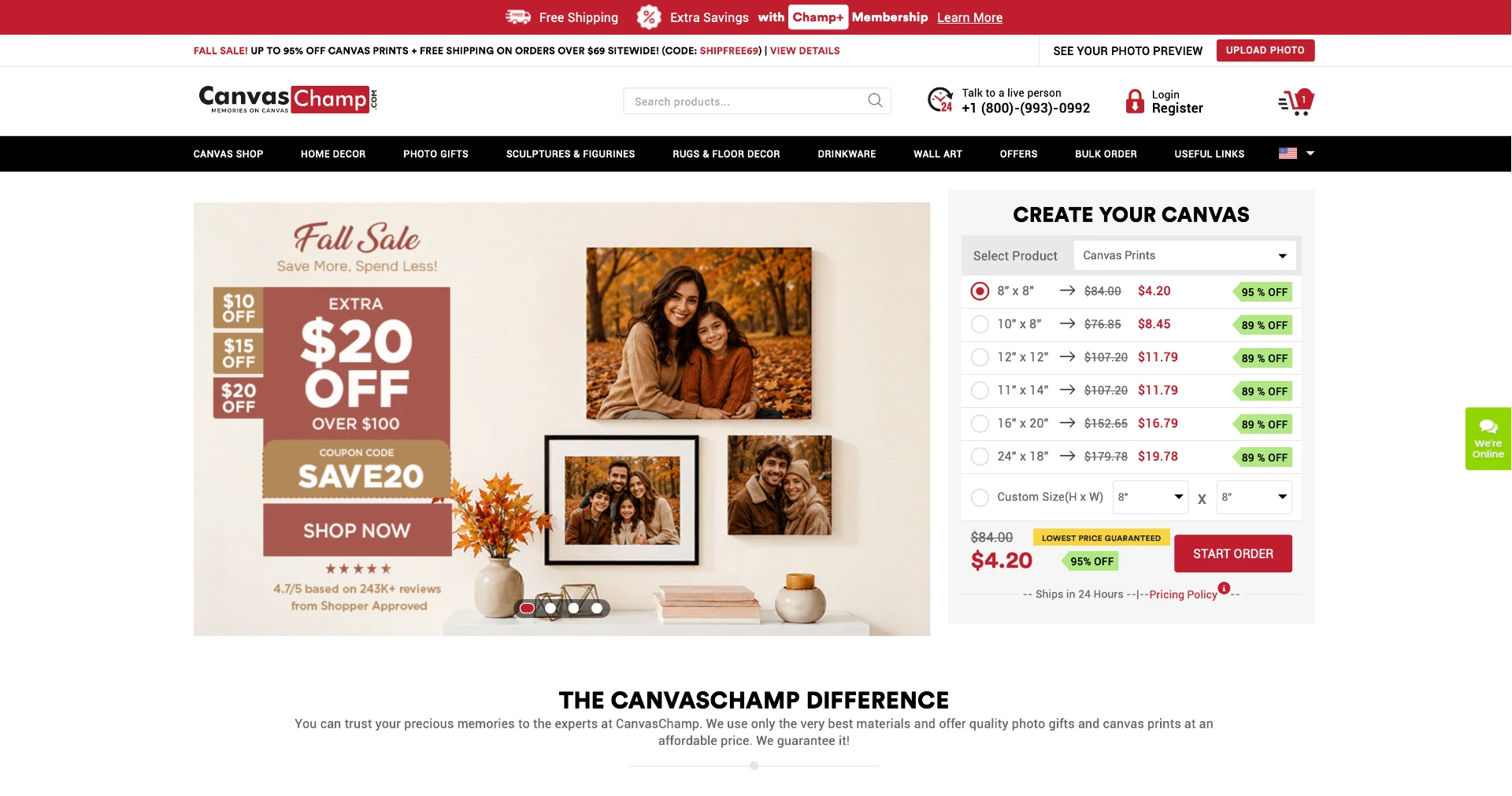 CanvasChamp homepage on desktop, showing the canvas print offer banner and the create-your-canvas configurator