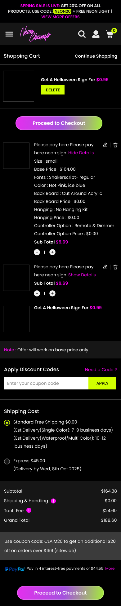 NeonChamp shopping cart on mobile with item details, discount code, shipping options and totals