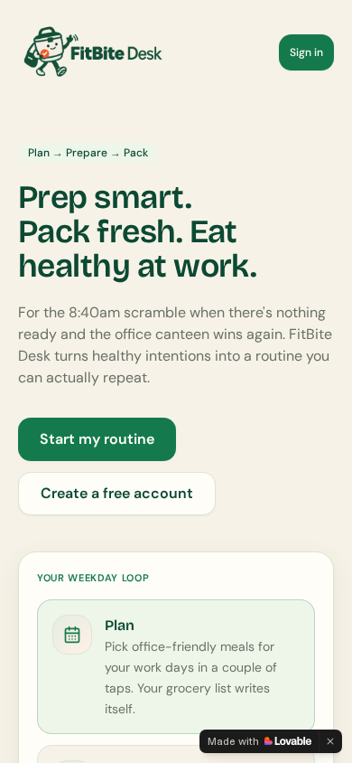 FitBite Desk mobile landing page with stacked calls to action and the weekday loop